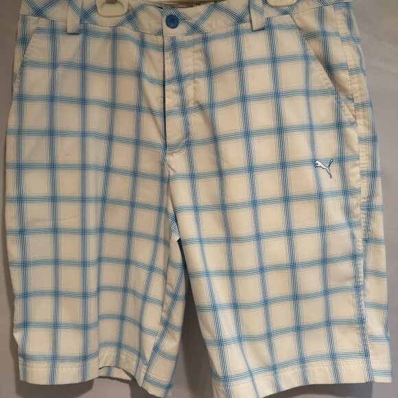 Puma Men's Size 34 Waist Light Blue & White Checkered Flat Front Shorts - Picture 1 of 6